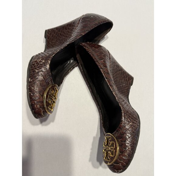 Tory Burch Sophie Wedge Chocolate Brown Leather Snakeskin Wedges Women's 7.5 - Picture 10 of 12
